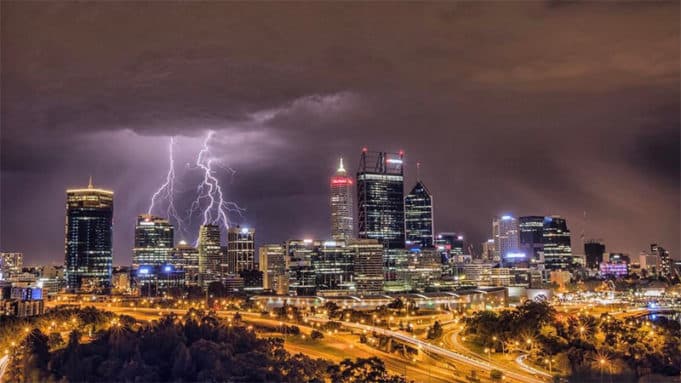 perth skyline with lightning in the background