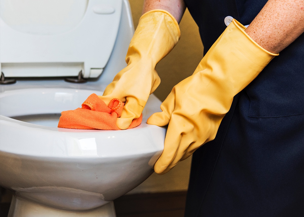 person cleaning a toilet