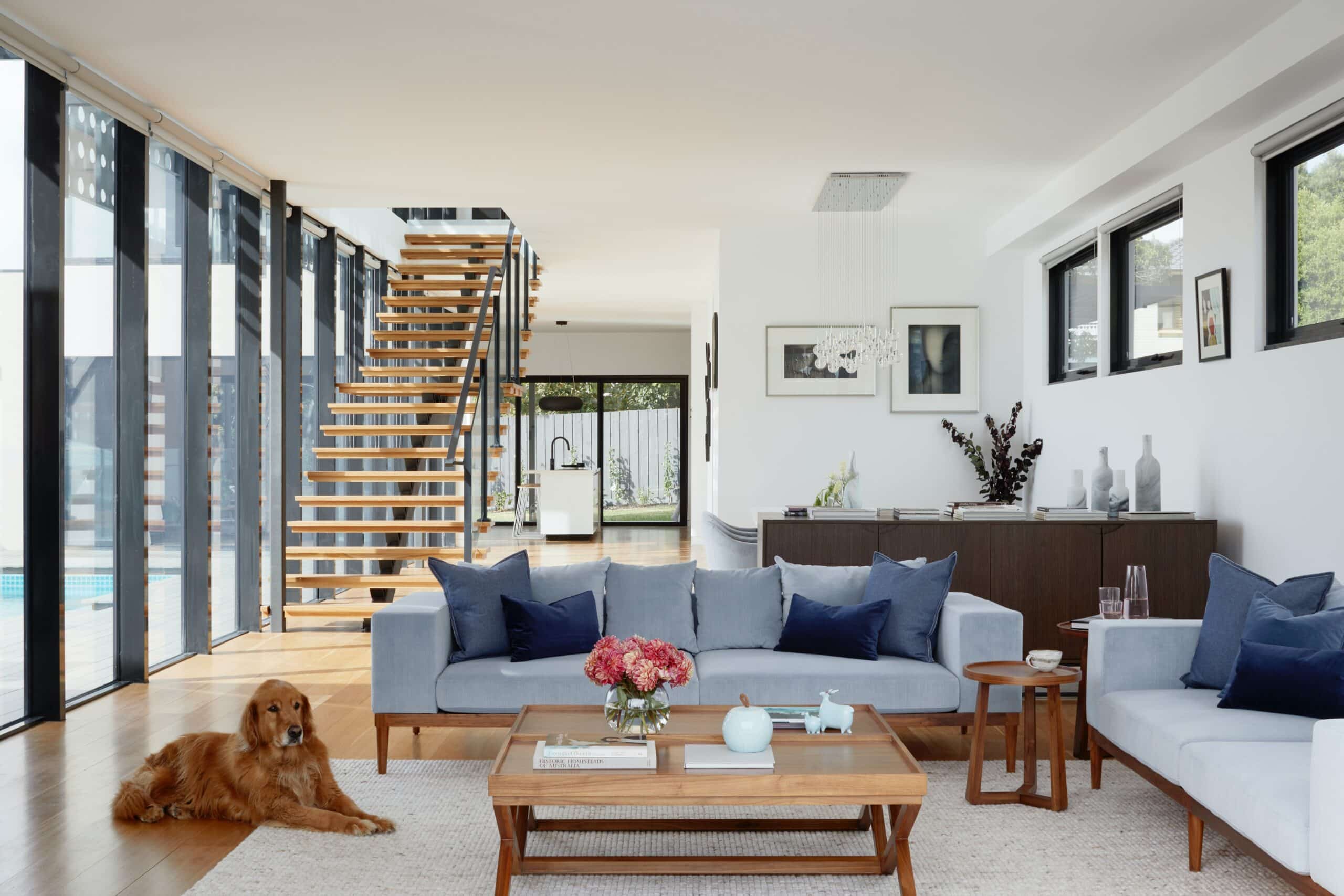 modern two storey living space with a golden retriever