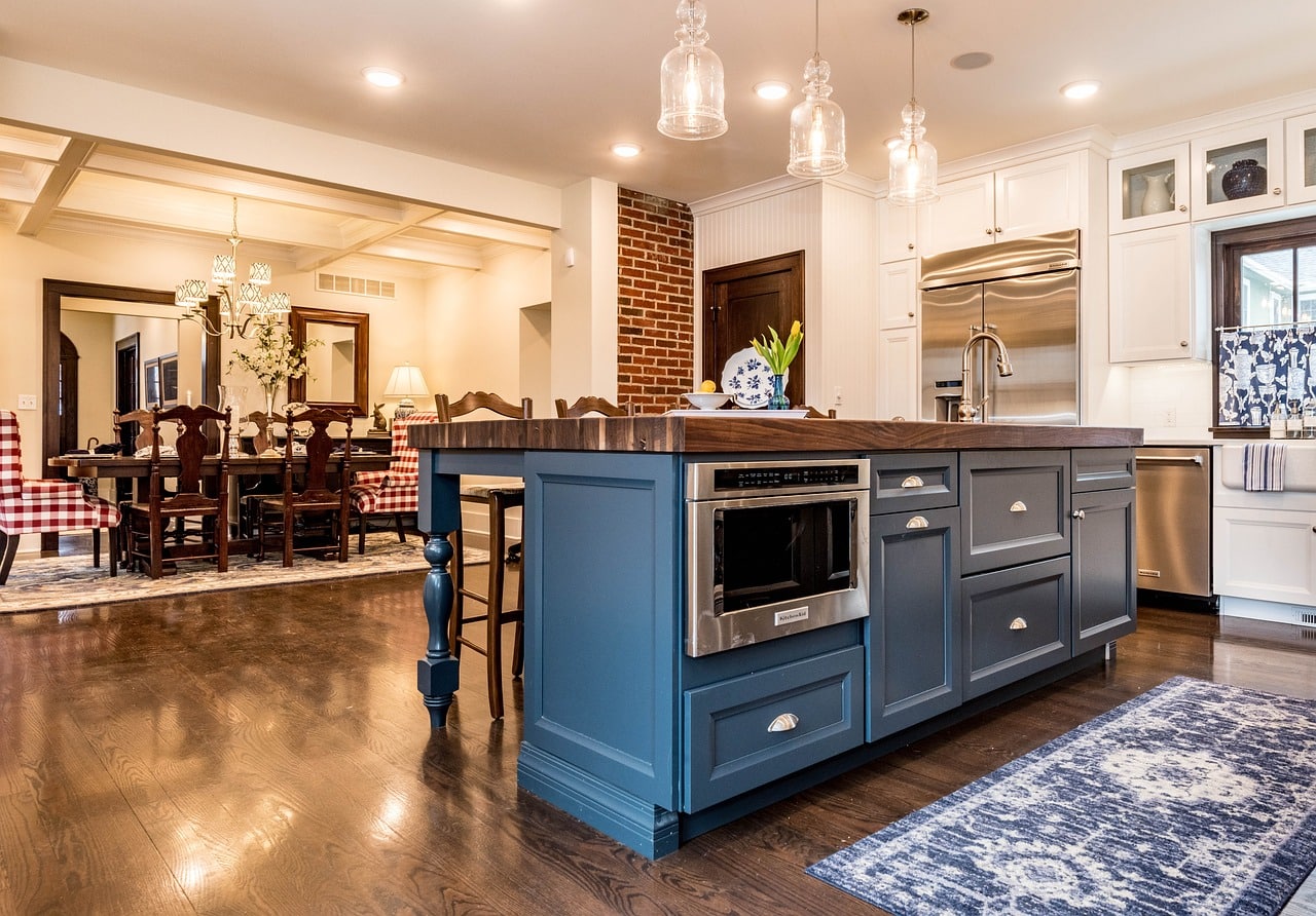 old style kitchen with dark blue island